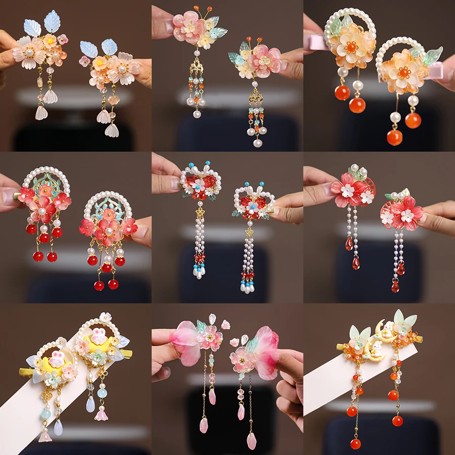 中国风花朵发夹女宝宝古风发饰儿童红色流苏过年喜庆对夹汉服配饰