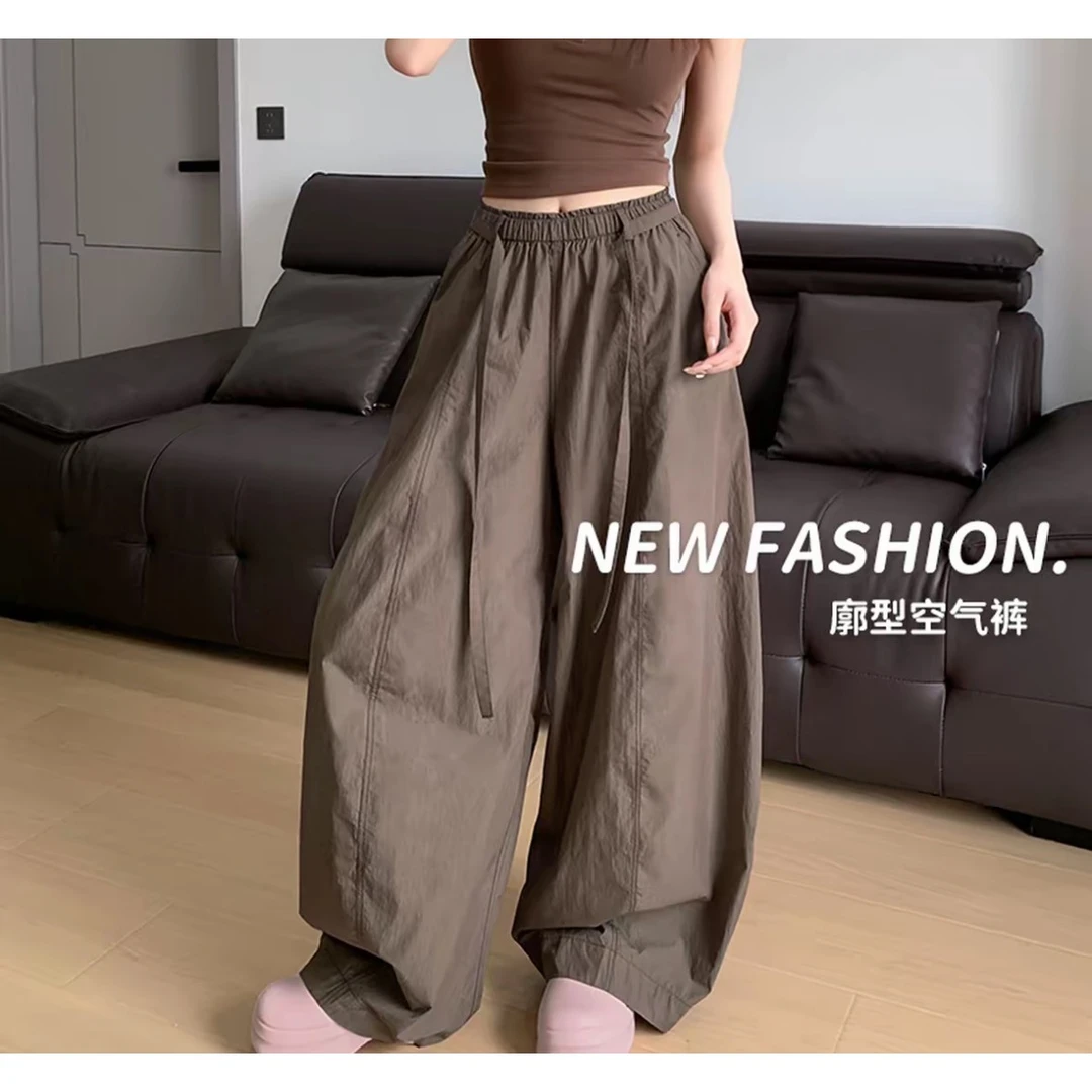 韩系挺阔弯刀空气裤女新款木耳边压褶休闲阔腿裤长裤