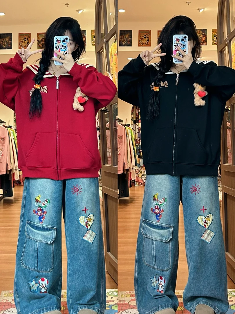 方块原创日系学院风海军领卫衣加绒开衫可爱立体小熊外套