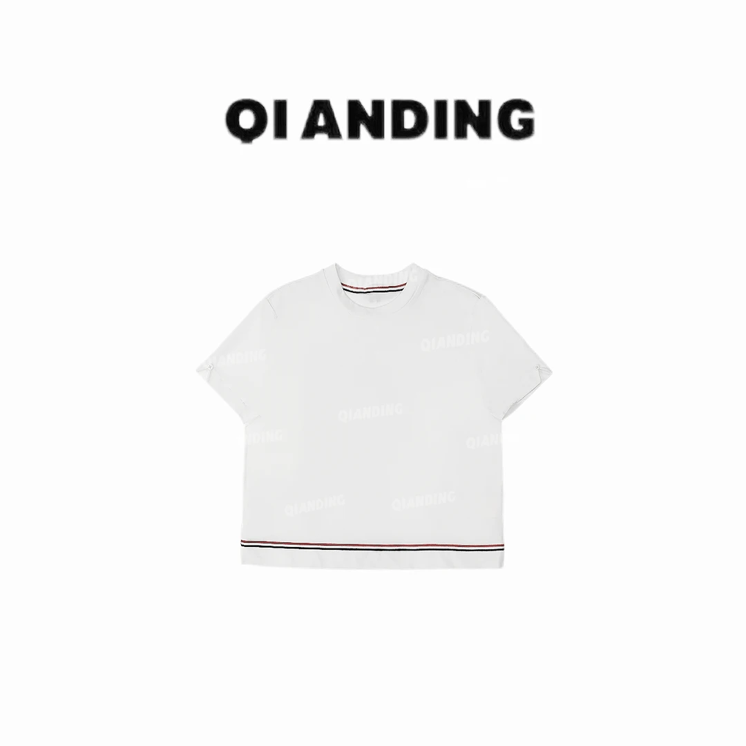 【QIANDING】 2025新款“三条杠”设计师款简约舒适纯色T恤25878