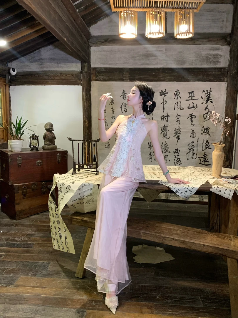 【雅乔定制】露华浓 网纱刺绣新中式上衣娃娃裤套装DYYK-25042334