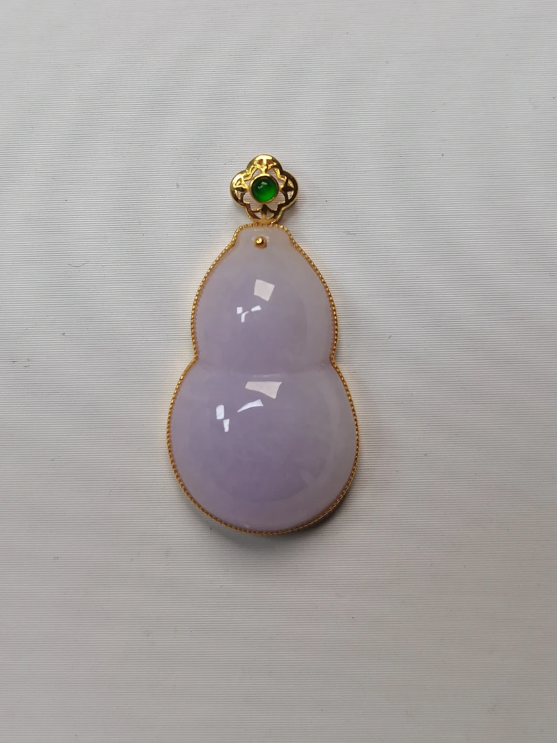 18k金镶紫色缅甸A货翡翠葫芦有纹处理不退