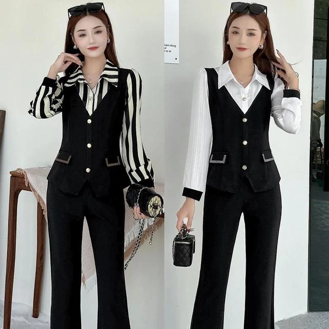 时尚气质显瘦秋季爆款简约长袖小众休闲洋气长裤拼接上衣两件套装