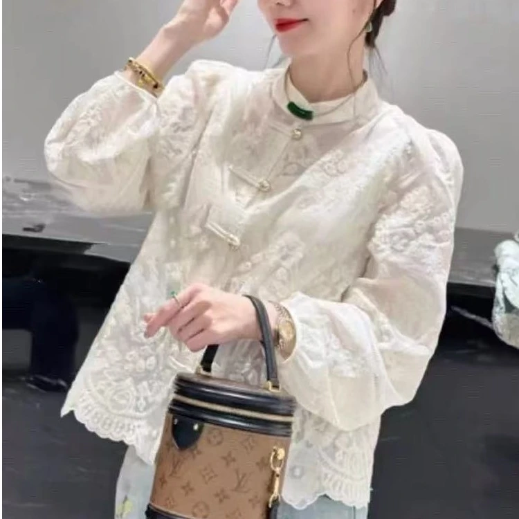 早秋新款衬衣复古提花新中式国风马甲女蕾丝衫高级感马夹外套