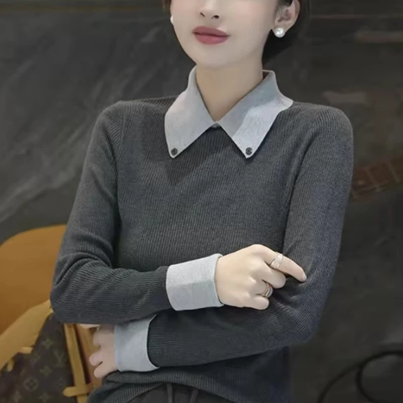 拉夏贝尔巨好看的翻领针织衫女2025新款秋冬假两件内搭打底衫上衣