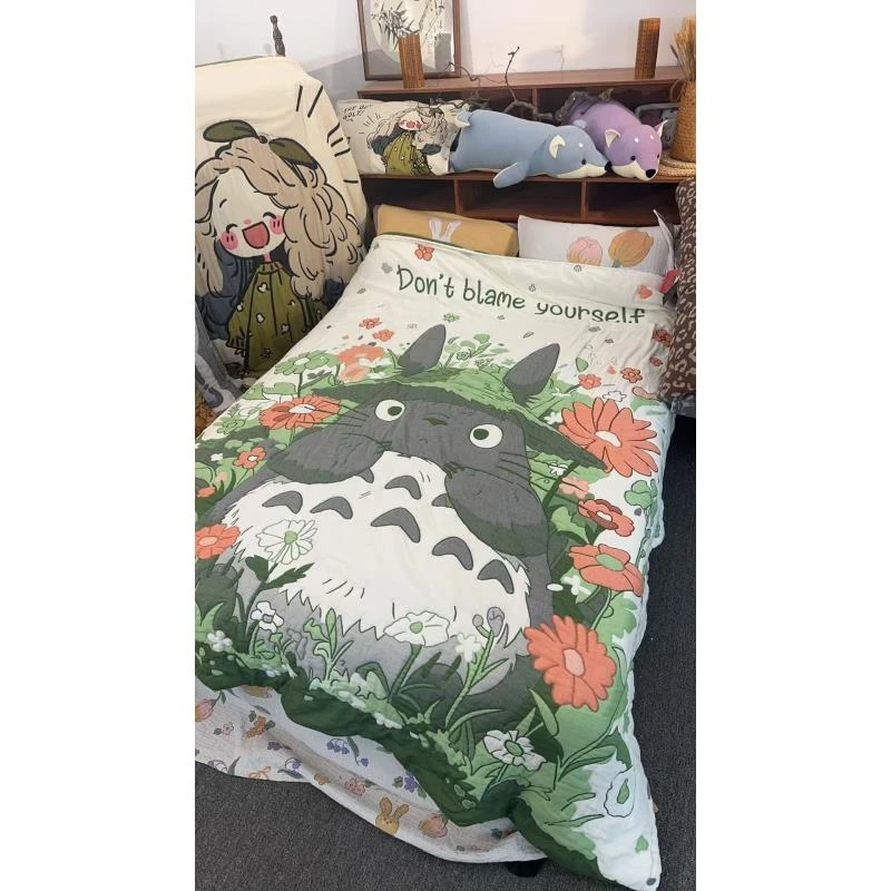 【花朵龙猫】200*230cm全棉纱布泡芙被子面料柔软舒适加厚保暖亲肤