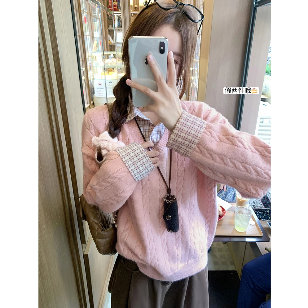 复古撞色拼接格子假两件针织衫毛衣polo领长袖宽松套头上衣