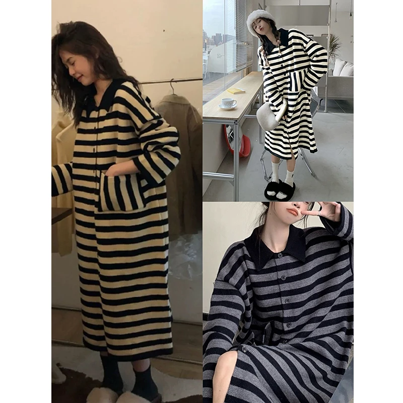 【连衣裙】0037宽松毛针织衫树脂固色条纹连衣裙 女