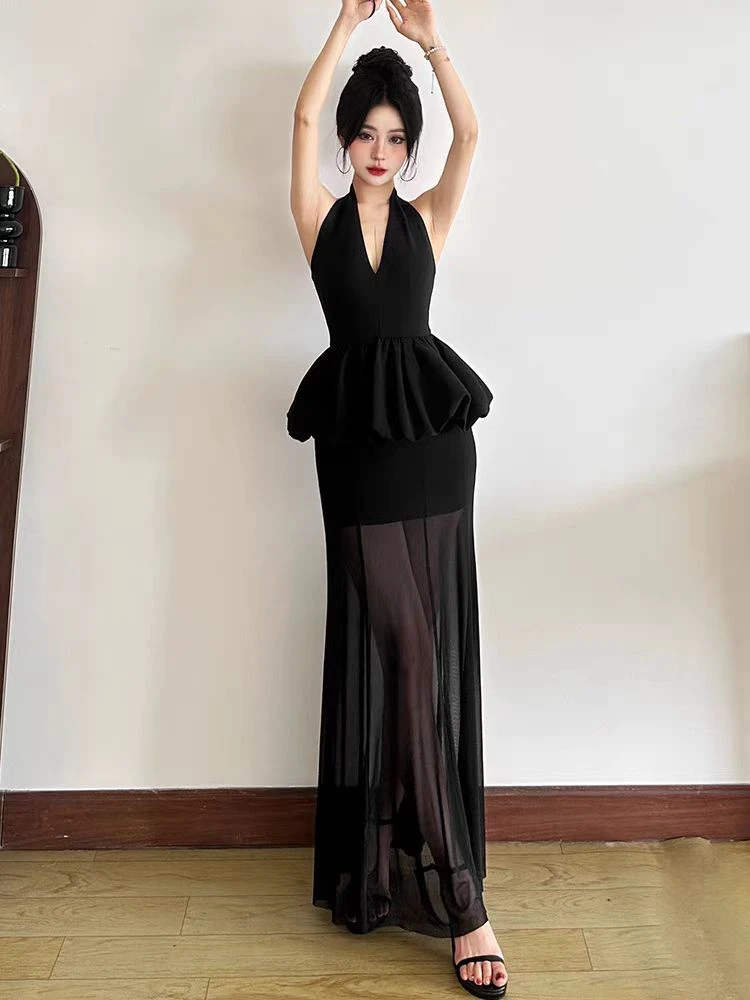 大码胖妹妹设计感两件套挂脖两件套名媛修身网纱长裙子3656