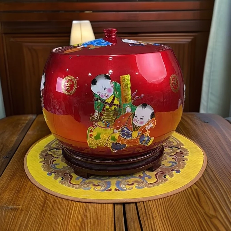 中国红童子聚宝盆储物罐