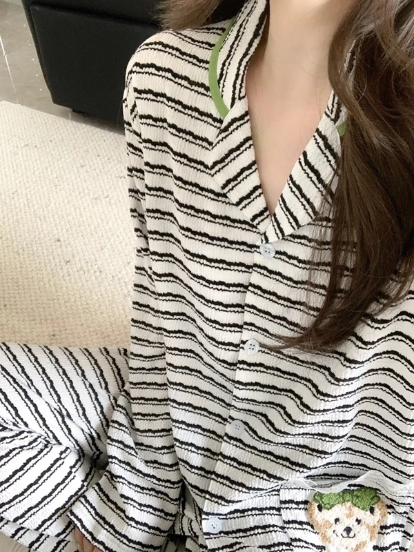开衫睡衣女新款春秋季长袖长裤条纹休闲宽松家居服套装可爱小熊