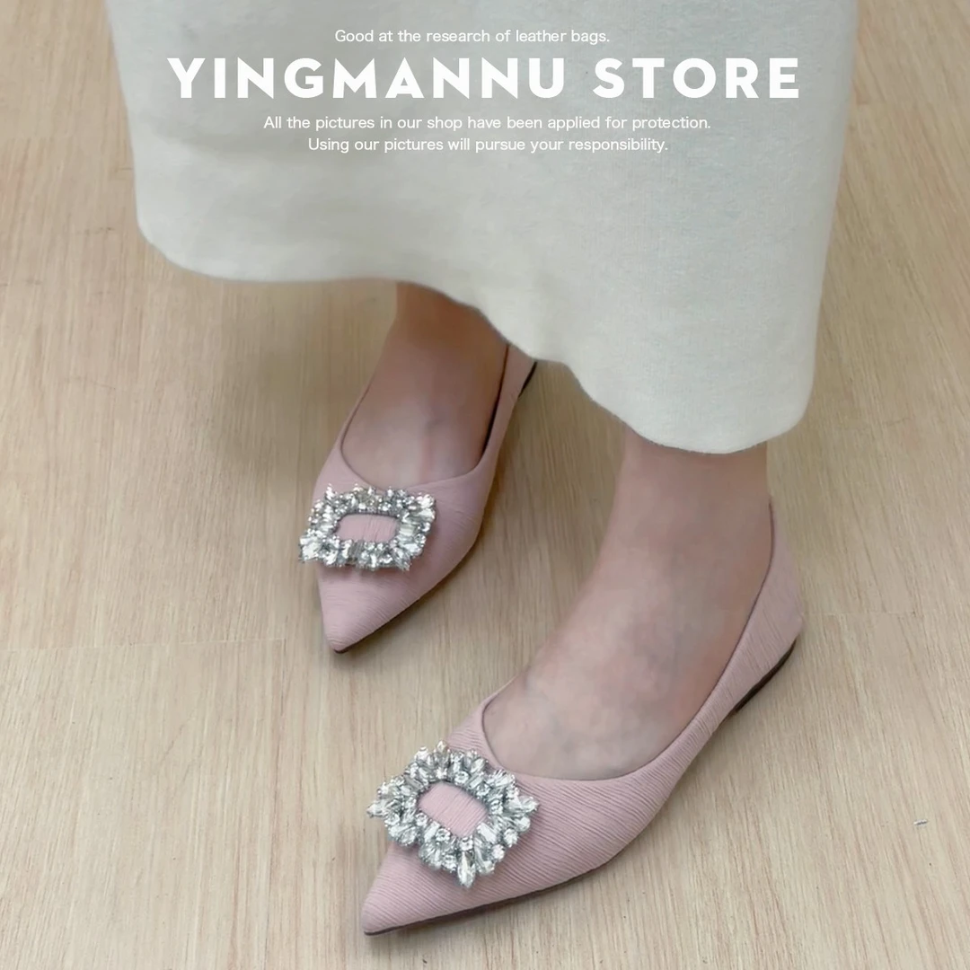 时尚尖头浅口水钻单鞋女2025春季新款平底一脚蹬温柔气质百搭单鞋