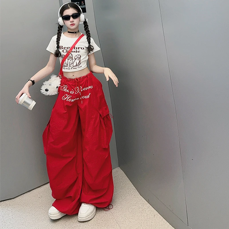 网红女童韩版潮酷伞兵阔腿裤套装中大童夏新款洋气字母服装