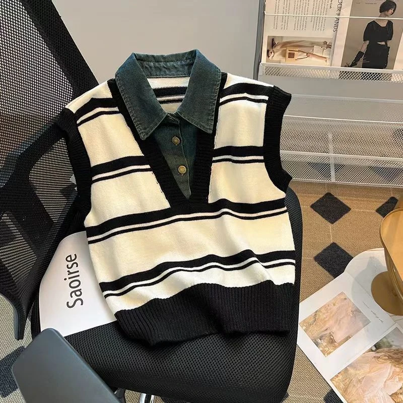 （衣长约60）2024秋冬新款时尚百搭气质学院风牛仔拼接毛衣背心