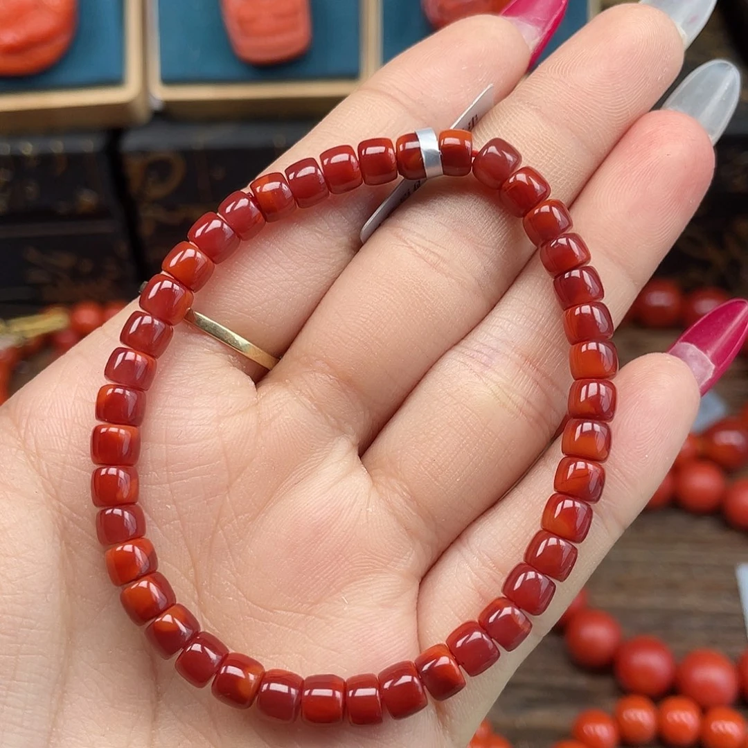 南红玛瑙未镶嵌手串精品 九口牛血双色精工直切卡5mm+