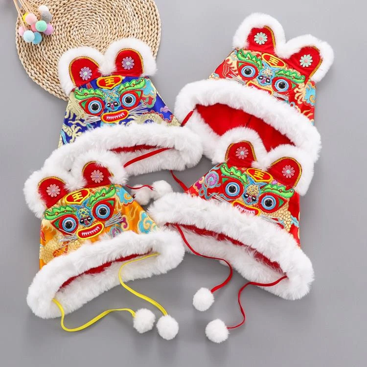 新款宝宝儿童虎头帽秋冬缎面冬季老虎头帽子秋冬宝宝卡通刺绣帽子