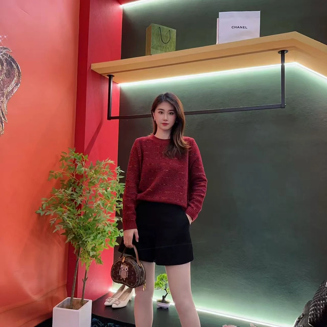 4137新款酒红色混纺点缀毛衣女 秋冬宽松时尚百搭长袖上衣