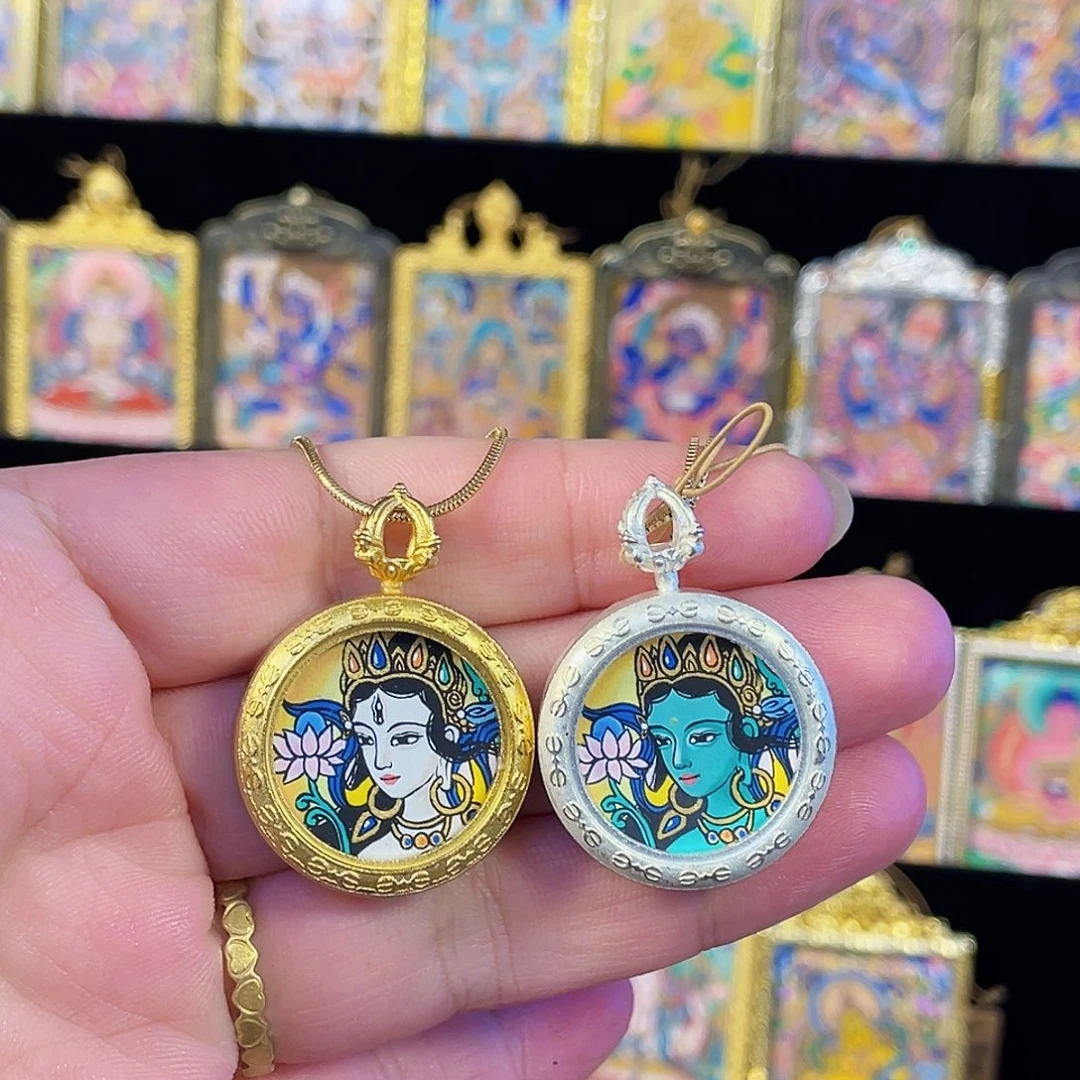 吊坠纯手绘唐卡绿度白度