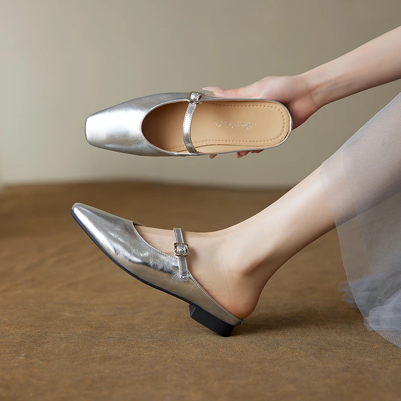 2025年新款真皮百搭包头法式半拖鞋复古编织镂空穆勒鞋女外穿半拖