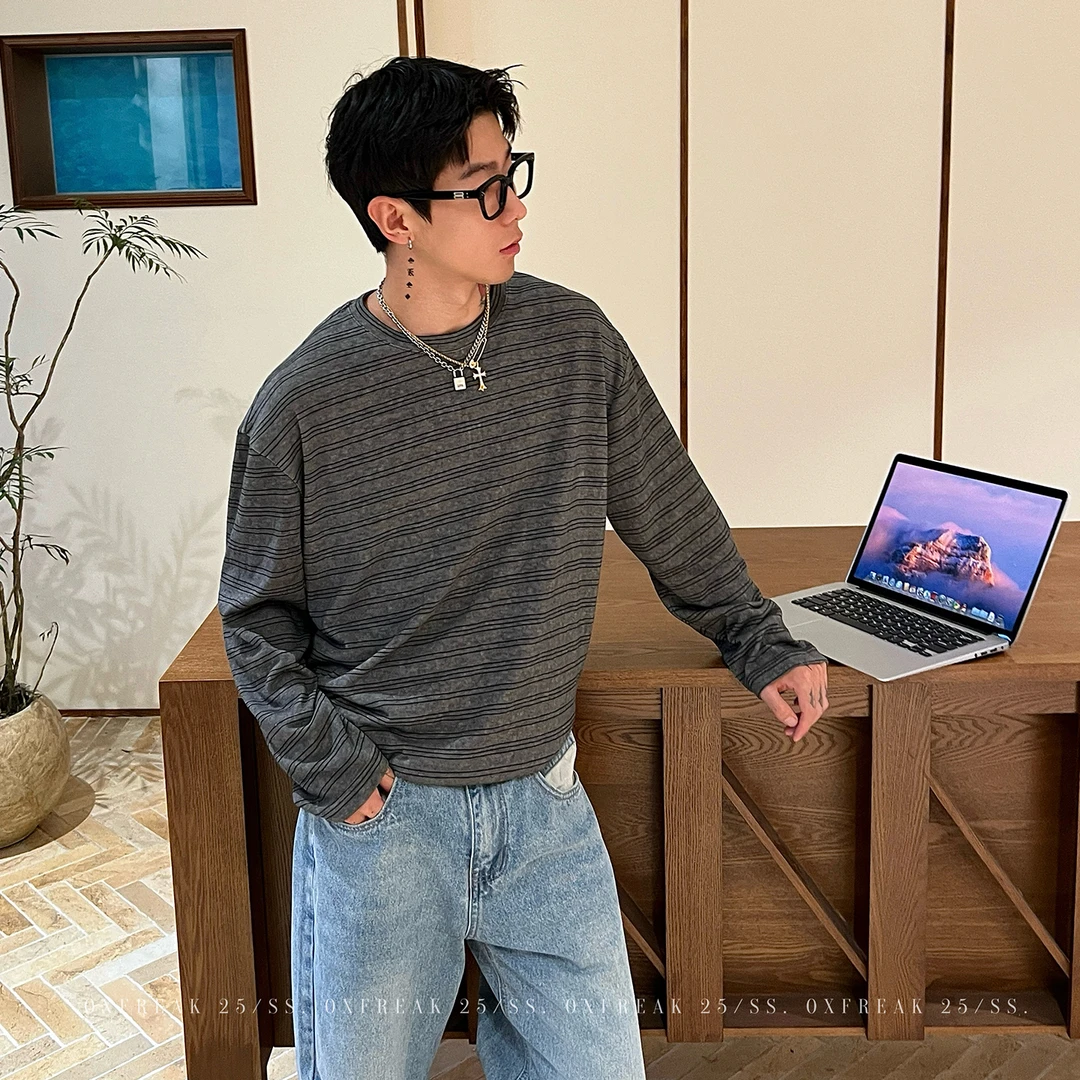 OXFREAK「扎染水洗」撞色横条纹长袖t恤男慵懒宽松圆领打底衫秋冬