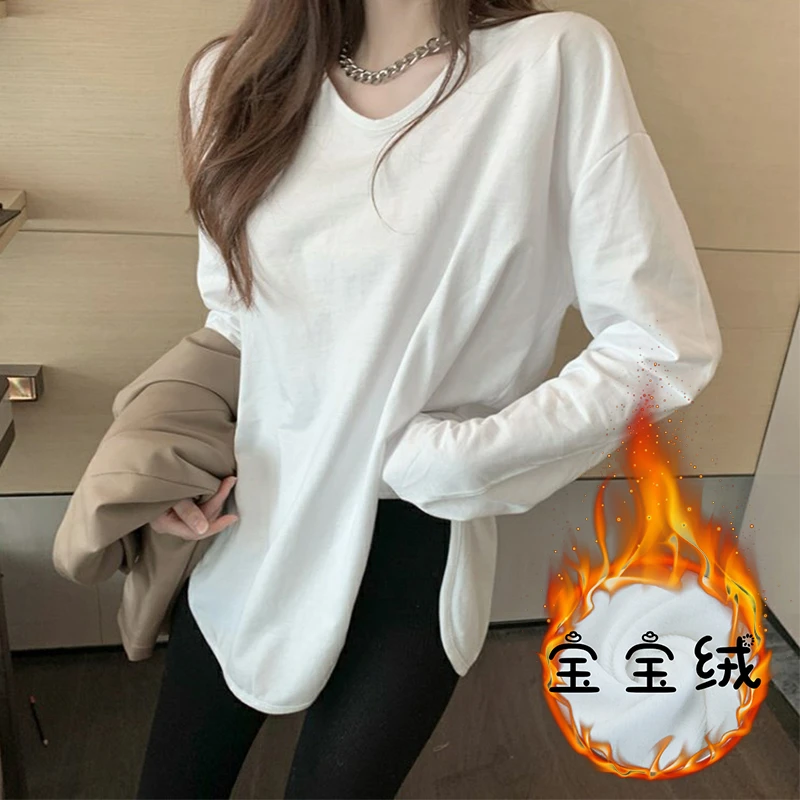 2025秋冬新款磨毛U领长袖开叉T恤女设计感宽松内搭加绒加厚打底衫