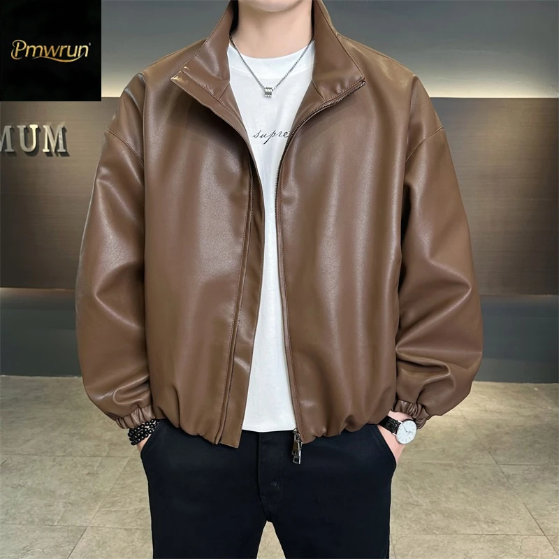 新款皮夹克男士春秋季时尚潮牌立领上衣青年纯色休闲百搭秋装外套