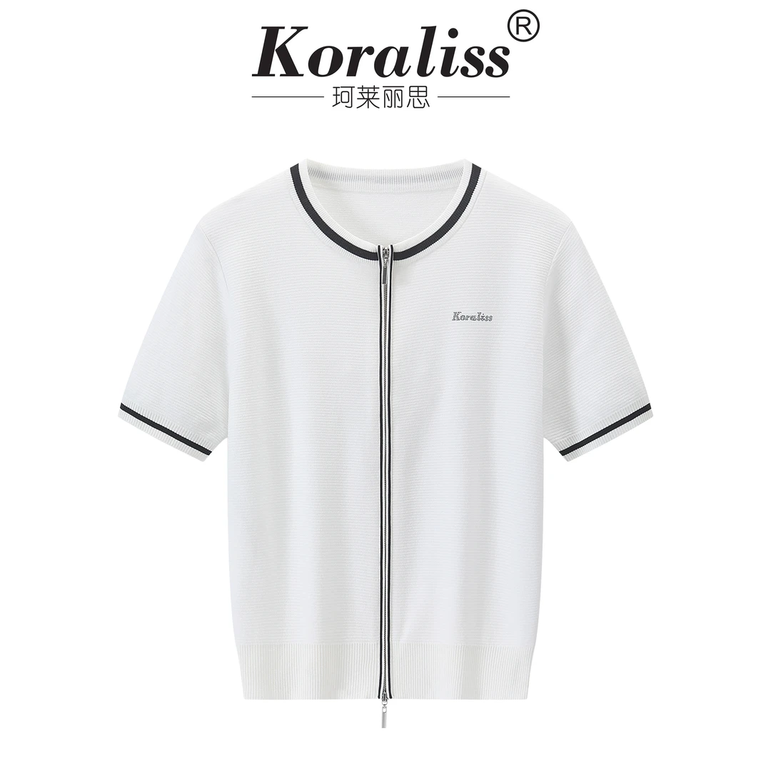 珂莱丽思春夏重工时尚年轻新款针织双拉链开衫短袖5659