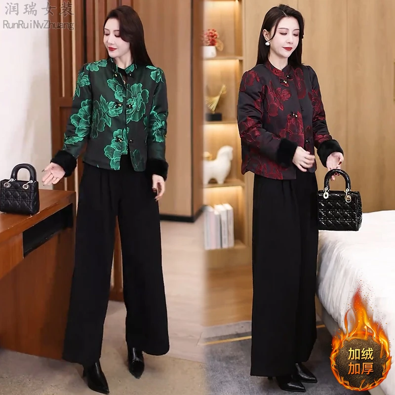 气质加绒短外套女2025冬季新款复古妈妈装宽松保暖中式棉服女