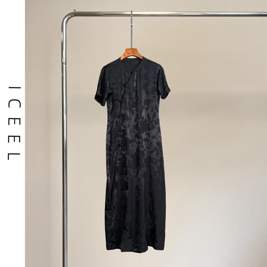 ICEEL原创国风新中式盘扣短袖连衣裙女夏季新款优雅修身气质长裙