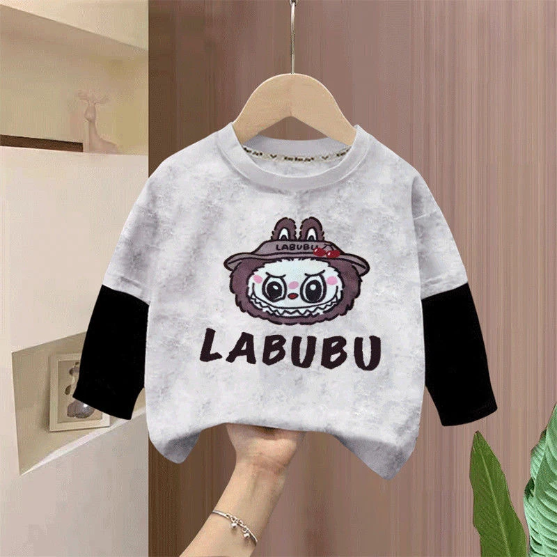 新款拉布布宽松秋装长袖打底衫2025卡通圆领假两件T恤春秋外穿衫t