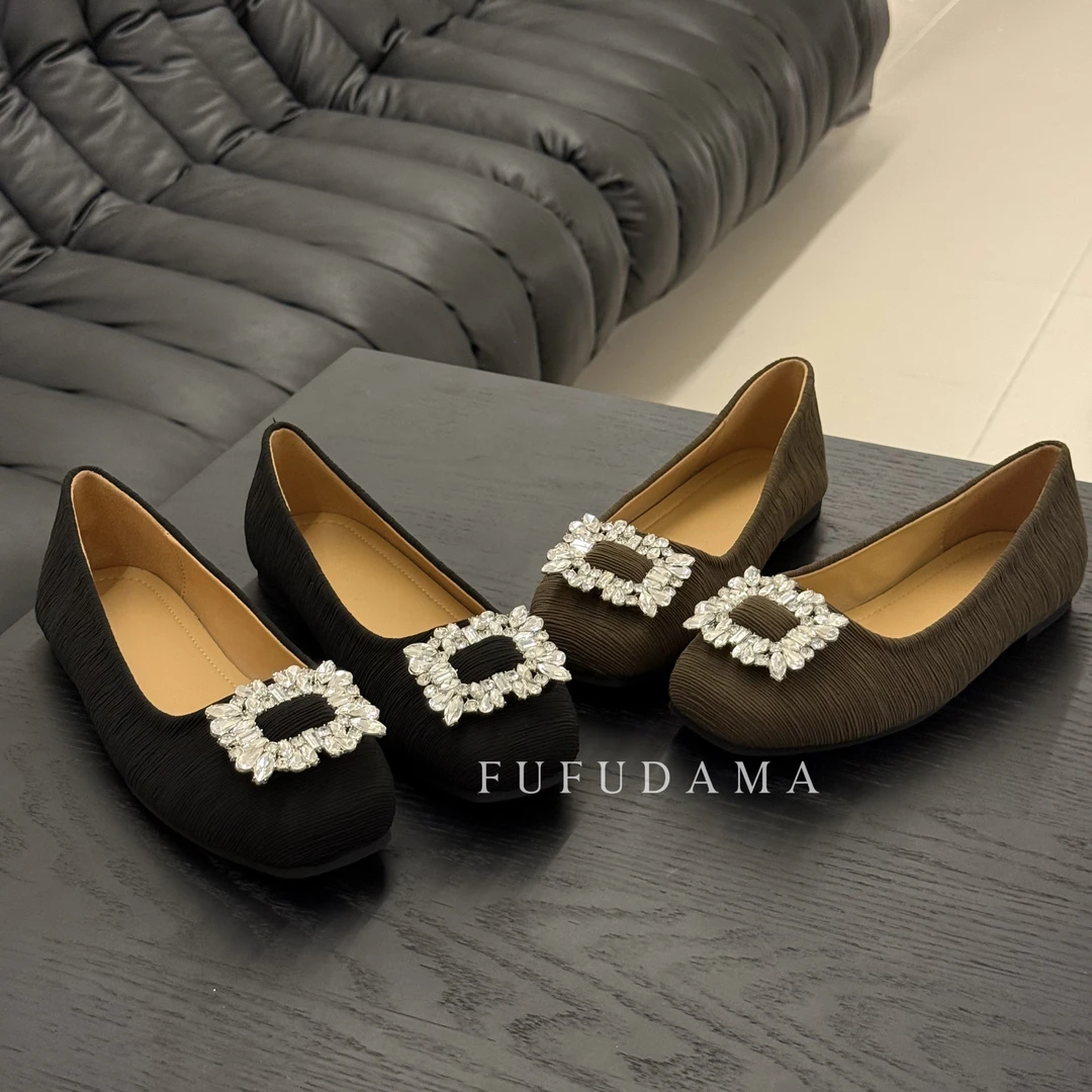 【胖福福大码女鞋】法式单鞋女春秋新款水钻方扣软平底鞋一脚蹬瓢鞋