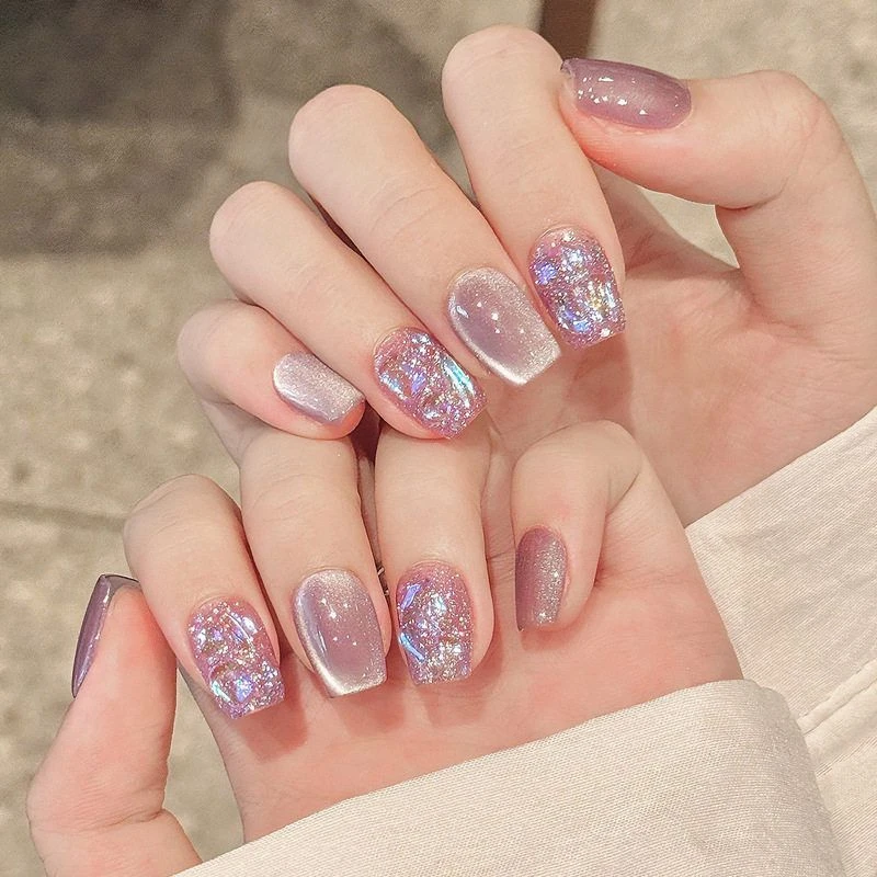 纯手工穿戴甲七彩极光爆闪短款美甲纯欲多巴胺新款简约轻奢风甲