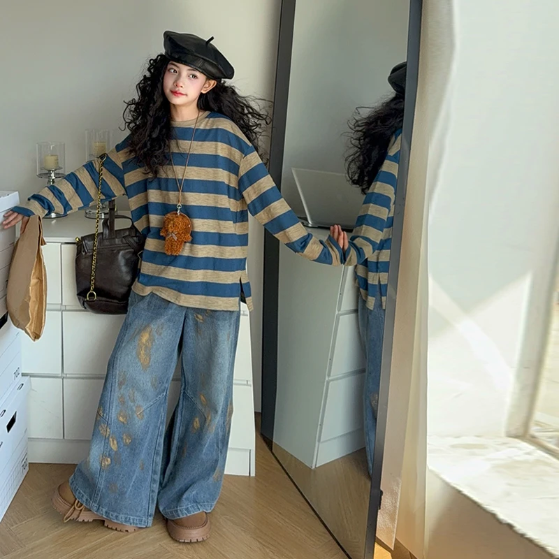 女童套装2025秋季新款韩系宽松休闲长袖T恤条纹上衣牛仔裤套装