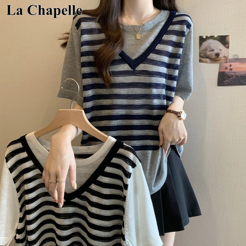 拉夏贝尔大码假两件针织衫t恤正肩V领短袖女夏季胖mm显瘦遮肉上衣