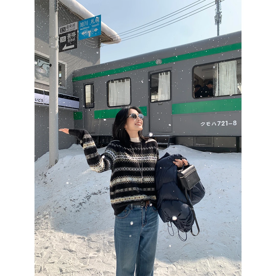 IAMJAM【12.12新品】黑色提花毛针织衫女设计感气质百搭显瘦上衣