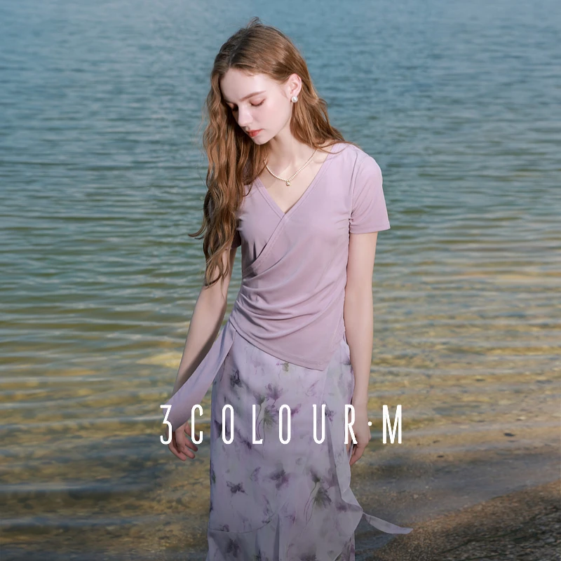 三彩2025夏秋季新款V领紫色短袖T恤套头交襟上衣不规则设计感女M