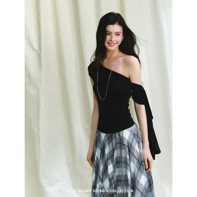 ATTIA 4/17 21:00点篙比例醋酸针织法式斜肩设计飘带露肩无袖上衣