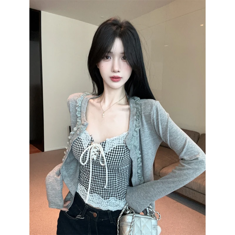 纯欲蕾丝绑带吊带背心+针织拼接花边外套气质上衣辣妹两件套女秋