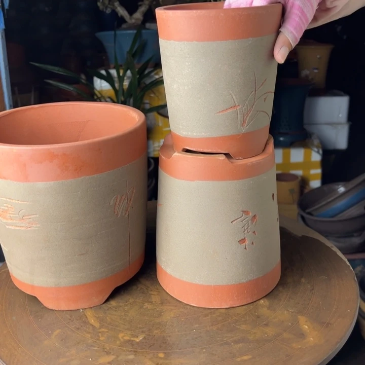 紫砂宜兴紫砂花盆灰红笔筒三件套