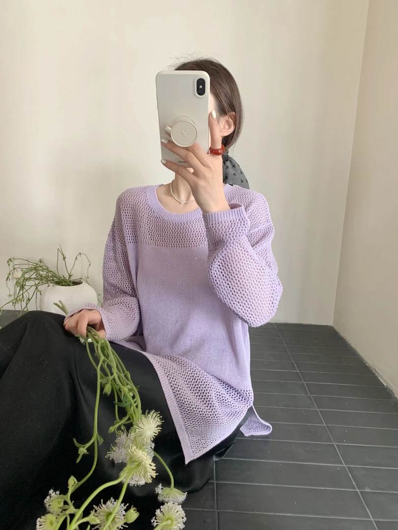 【潘潘.828879】星点亚麻2025年夏新款套头纯色镂空圆领长袖针织衫