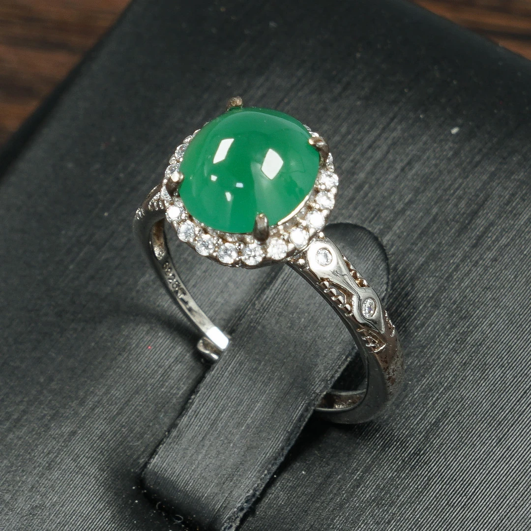 018-满绿蛋面开口戒指，缅甸天然A货翡翠轻奢时尚镶嵌豪