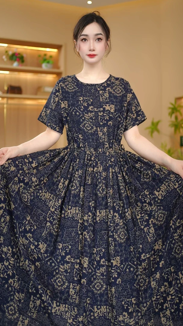 藏蓝玫瑰大摆裙）2025夏季新款连衣裙口袋系带显白气质长裙子