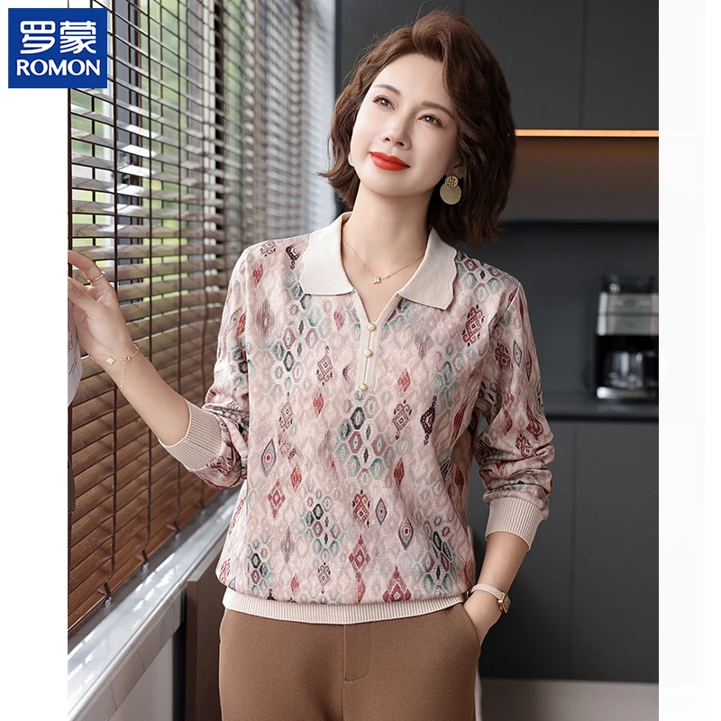 罗蒙时尚气质妈妈中年秋季七分袖衬衫中老年女装秋款翻领印花衬衫