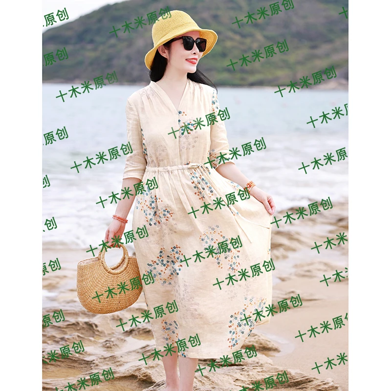婵娟/十木米原创夏新款苎麻印花文艺复古气质显瘦长款苎麻连衣裙