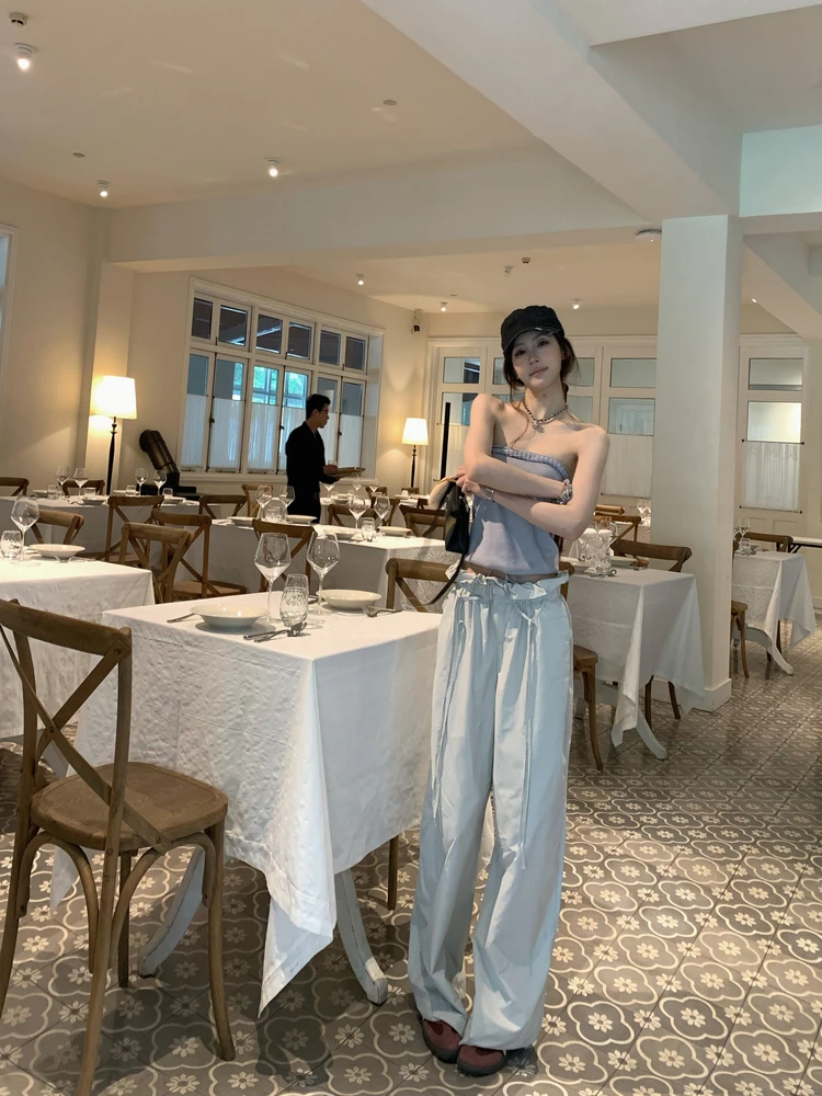 设计感辣妹气质针织抹胸背心上衣女夏季2025新款显瘦休闲长裤套装