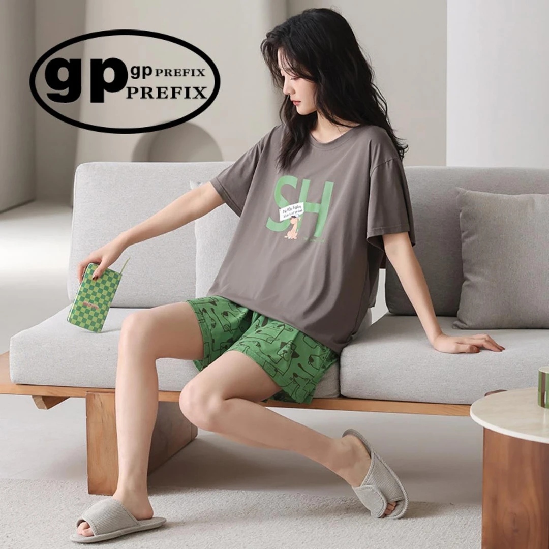 日系小众GP莫代尔凉感睡衣女款夏季短袖短裤带胸垫韩版家居服套装