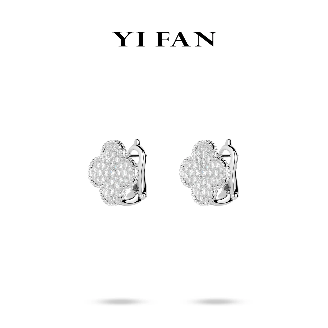 925银合成锆石耳饰 3869-白色满钻四瓣花百搭耳环