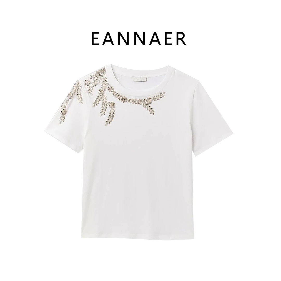 延奈儿 时尚领口钉珠短袖T女款休闲女士夏季春夏宽松印花圆领