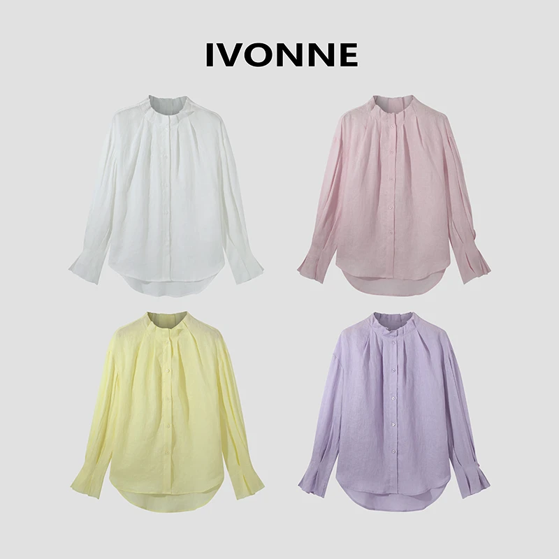 IVONNE｜花晨月息 2025春夏新品 100亚麻 法式压褶花边立领衬衫