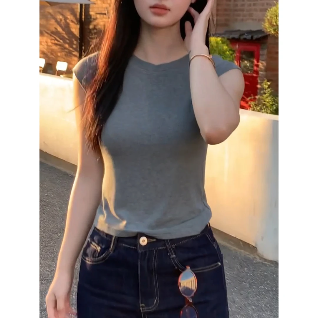 【椿萱并茂】螺纹圆领短袖显瘦T恤女夏季修身打底衫小飞袖上衣潮